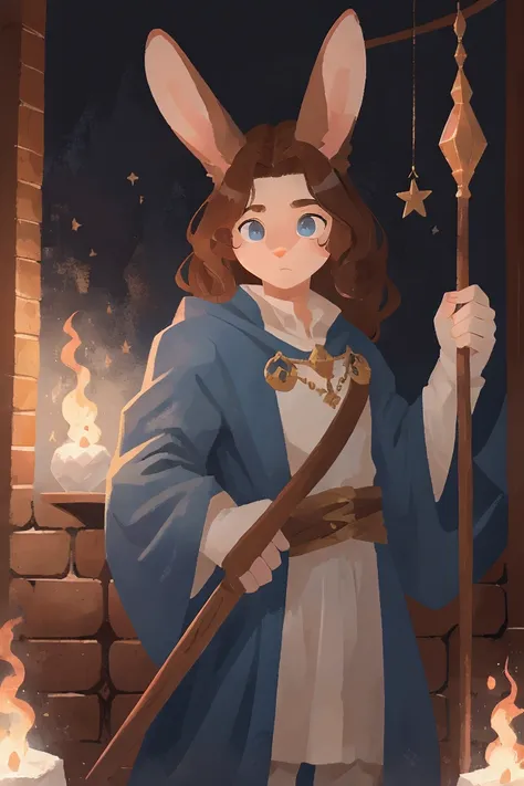 A rabbit apprenticed as a sorcerer, He has a wooden cane, dark blue eyes, brown hair,