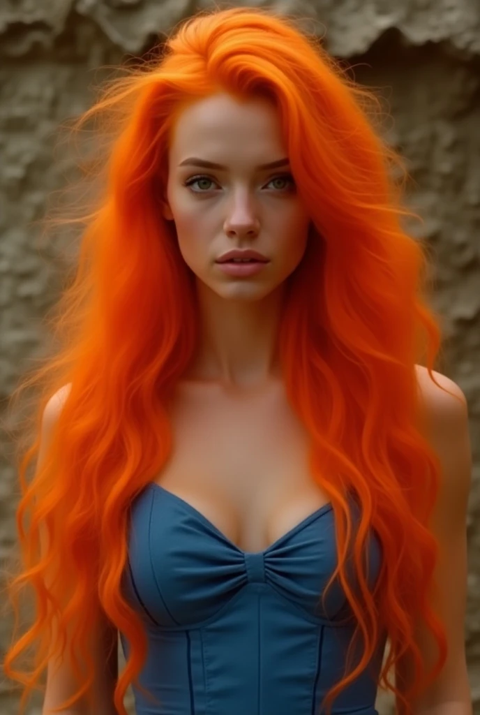 a close up of a woman with bright orange hair and a blue dress, digital art by Elena Guro, tumblr, digital art, orange skin and long fiery hair, long orange hair, long wavy orange hair, orange hair, bright orange hair, orange flowing hair, orange glowing h...