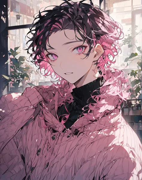  handsome, Alone, 1 person,   pink hair that sticks out your forehead , ((暗いピンクの小さなhairの毛)), ((Dark pink eyes)), 1 person,  handsome, male,  short hair,  Details, ボサボサのhair,  hair, Black high-necked innerwear、 cardigan from the front door、Cool look、 sittin...