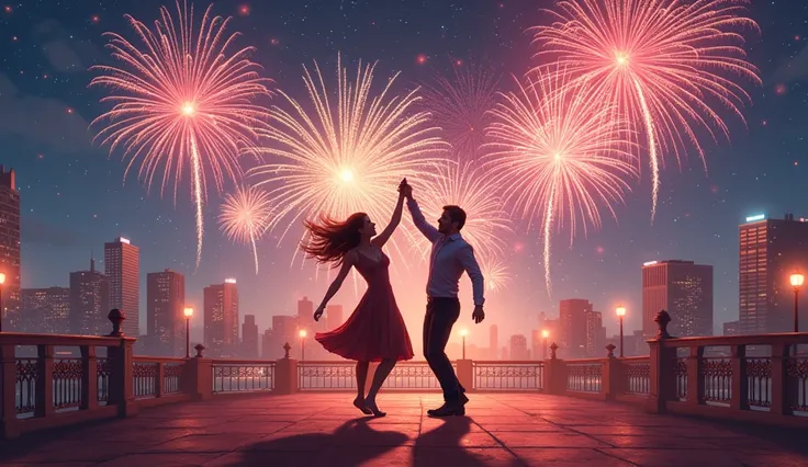 "Fireworks burst into the night sky again as the couple spins and laughs, caught up in the high energy of the song. The city skyline glows brightly, and stars shine intensely, reflecting the vibrant and euphoric atmosphere."