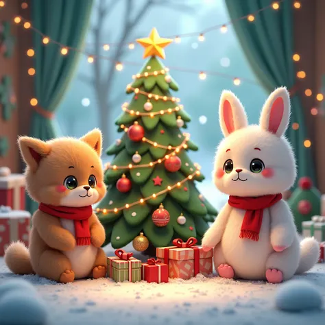 , cute little fluffy furry  robotic christmas  gather around christmas tree with friends , xmas presents , happy, , christmas  theme,  3d, anime, , unreal engine, 8k, hd, 