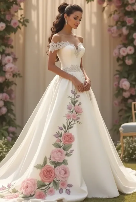 Large princess-style wedding dress with floral print on the sides 