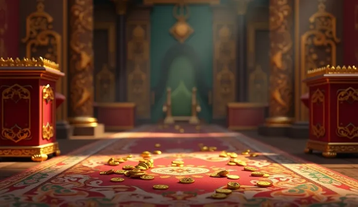 A royal treasury room with sparse treasures, showing only a few remaining gold coins and jewels, hinting at dwindling wealth 3d Disney Pixar style.