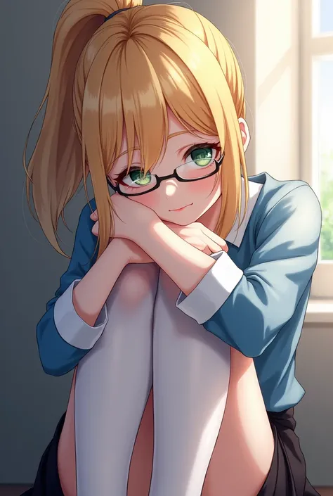 A girl ((solo)) ((17-years)). She has a blonde hair made up in a ponytail and green eyes. Shes using glasses. Shes wearing a blue and white shirt with a black skirt. Shes using long white stocks. Shes hugging her own legs and is blushing with a little smil...