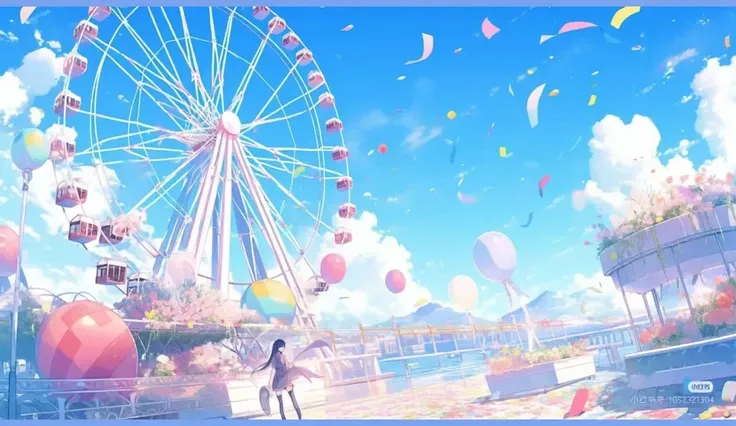 Enjoy the gentle touch of the ocean breeze ，There are pink clouds in the sky ， There is a colorful amusement park ，There is a small stall selling lollipops and sugar gourds next to 。 No one inside ，, the ferris wheel slowly rotates ， Bringing the car to th...