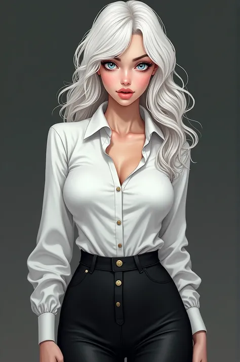  a young woman with a sharp face , tall ,  sexy and big boobs , curly white hair wavy to the middle of the waist with bangs turned to the sides, do not cover the forehead .  She has sky blue eyes and white skin . } She wears a 3-button long sleeved white s...