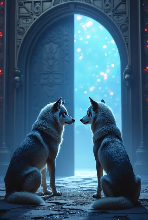  Majestic wolves sitting guarding the open doors of Valhalla, with blue and red lights .