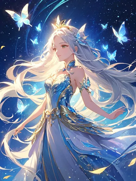 (Shen Mingxiao NV),(Shen Mingxiao NV),Glowing Butterfly,One Queen、 Silver Hair、Long Hair,Alone,stand