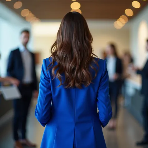 a stressed businesswoman in a royal blue blazer in a white shirt with wavy silky brown hair at the company reception, serving clients and other clients backwards heading for the exit saying goodbye leaving