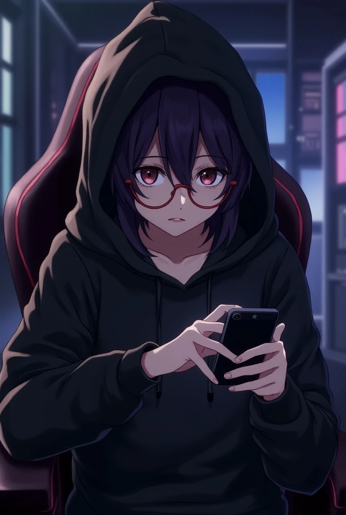  An anime one with a black hoodie, dark purple hair, Hacker, Using the cell phone to hack ,  sitting in a gaming chair ,  serious expression , concentrated
