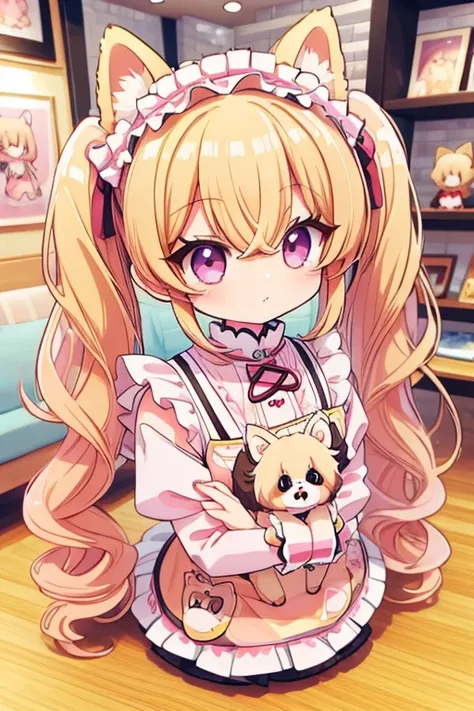 highest quality,masterpiece,dogcafe,girl clerk,maid clothes,(pomeranian,),anime style,cute,twin tail hair,