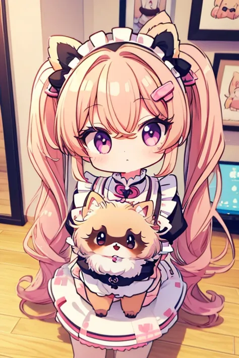 highest quality,masterpiece,dogcafe,girl clerk,maid clothes,(pomeranian,),anime style,cute,twin tail hair,