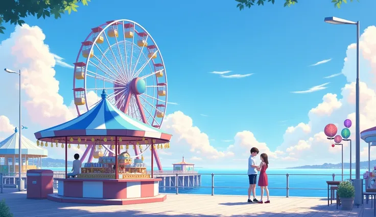 Enjoy the gentle touch of the ocean breeze ，There are pink clouds in the sky ， There is a colorful amusement park ，There is a small stall selling lollipops and sugar gourds next to 。 No one inside ，, the ferris wheel slowly rotates ， Bringing the car to th...