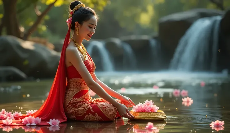 UHD, retina, accurate, masterpiece, anatomically correct, textured skin, super detail, high details, award winning, best quality, highres, an image of a Thai woman dressed in traditional attire, kneeling by a flowing river, gently placing a beautifully dec...