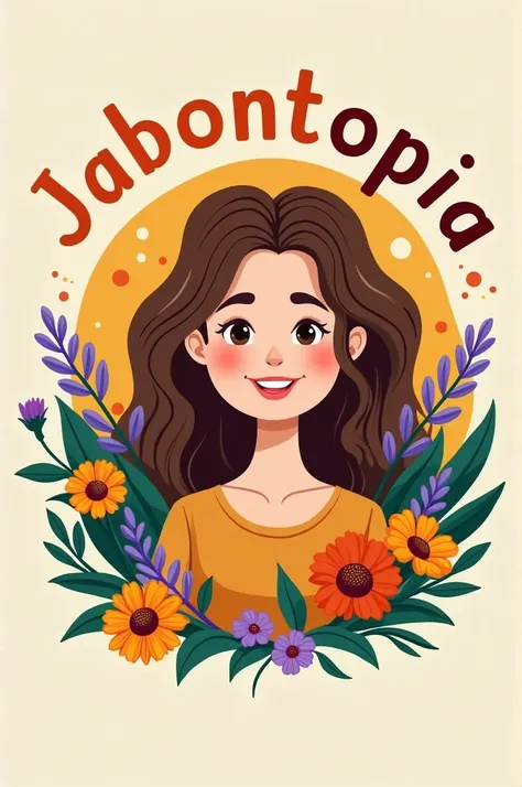  Logo for a handmade soap business for ren called Jabontopia, Let it be colorful, fun, happy, with natural ingredients such as marigold ,  lavender and rosemary and that a brown  with wavy hair appears 