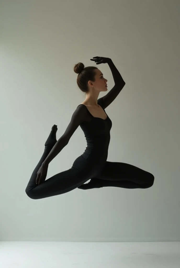 arafed woman in black leoper top and leggings doing a split, inspired by Elizabeth Polunin, modern dance aesthetic, dramatic floating pose, contemporary dance poses, ballet style pose, very cool pose, dramatic powerful pose, elegant floating pose, ballet p...