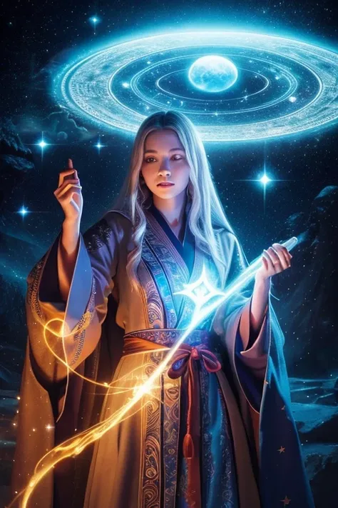  a wizard wearing a richly decorated robe、Picture manipulating the power of the universe 。 Magical symbols appear around her 、There is a mysterious atmosphere。
