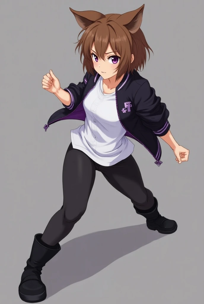 Anime tall teenage female, short brown hair, brown dog ears,  white shirt, black purple clothing zip up jacket,black boots, serious, purple eyes, fighting, karate