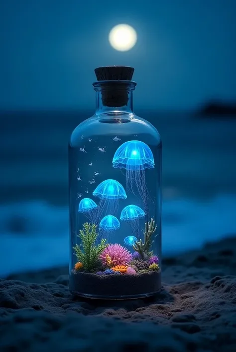  small blue ocean in a bottle 　Coloured coral reefs 　 small group of small blue jellyfish
The background behind the bottle is the seaside in the middle of the night　 moonlight shines 