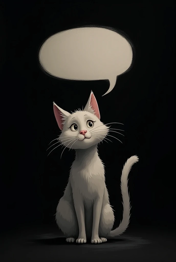 outline a drawing of a cat with one text bubble on one side and a black background