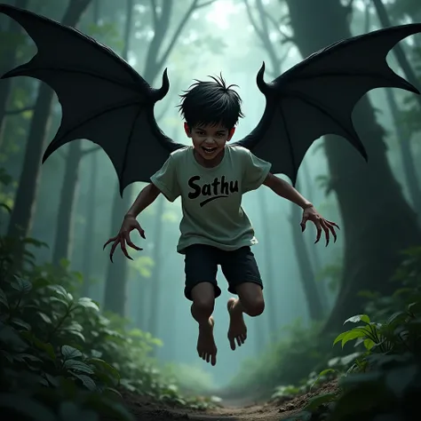 One boy lucifer long wings long nails tiger teeth his trshirt name is "sathu" he jumping bacround in forest