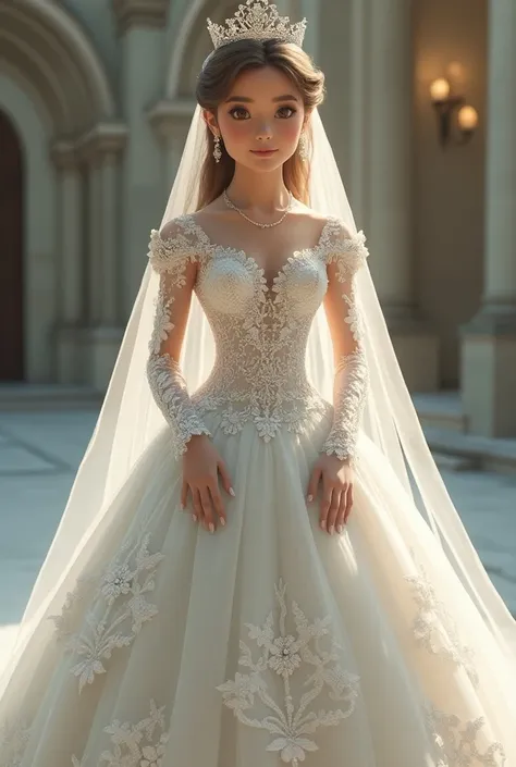 Princess-style wedding dress with long sleeves ,  with floral lace on the chest and arms ,  with rhinestones and a long veil with rhinestones and a crown.