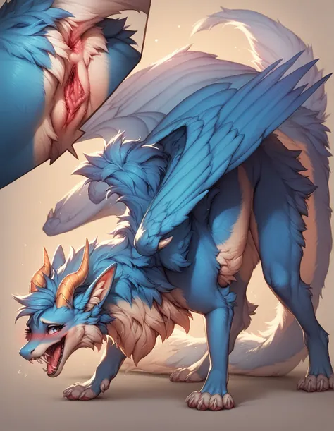 furry art, feral, furred dragon, female, full body, white and blue fur, thicc, wings, horns, tail, chest fluff, paws, fangs,  ton back, close up, embarrassed, happy, bent over, bent over with her ass to the viewer , extra fluffy,  extra fluffy, quadruped, 