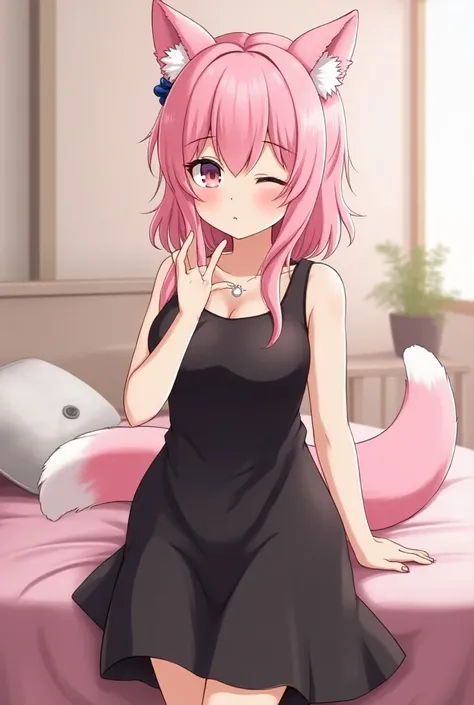  anime girl with pink hair and black dress posing in a bedroom, a character portrait by Shitao, pixiv, hairy art, Loli in dress,  commission for high resolution , Female Fursona, pov hairy art, Oc , hairy art!!!,  female furry cute mini style , Fursona hai...