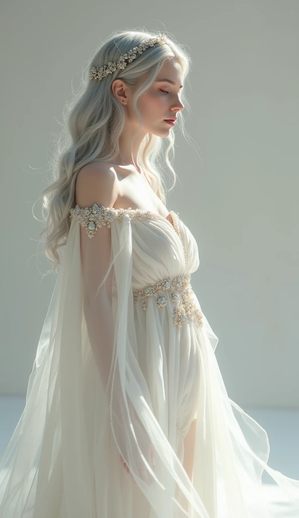 Faith of s ,  full body .   waist-length hair ,  wavy silver color .  Light pink eyes .  Dressed in a white neoclassic dress with jewels. 