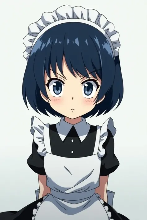  Screenshot from My Hero Academia 
Short dark blue haired girl with slanted bluish white eyes serious look, wear a maid outfit 