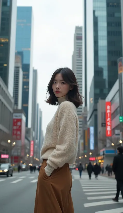 (profile:1.8), in the morning, He saw a Japanese beautiful woman, age 27, medium short hair,  at a main business street intersection among skyscrapers. there are no signboard with any buildings. wearing the key fashion trends for Winter 2024, fluffy sweate...