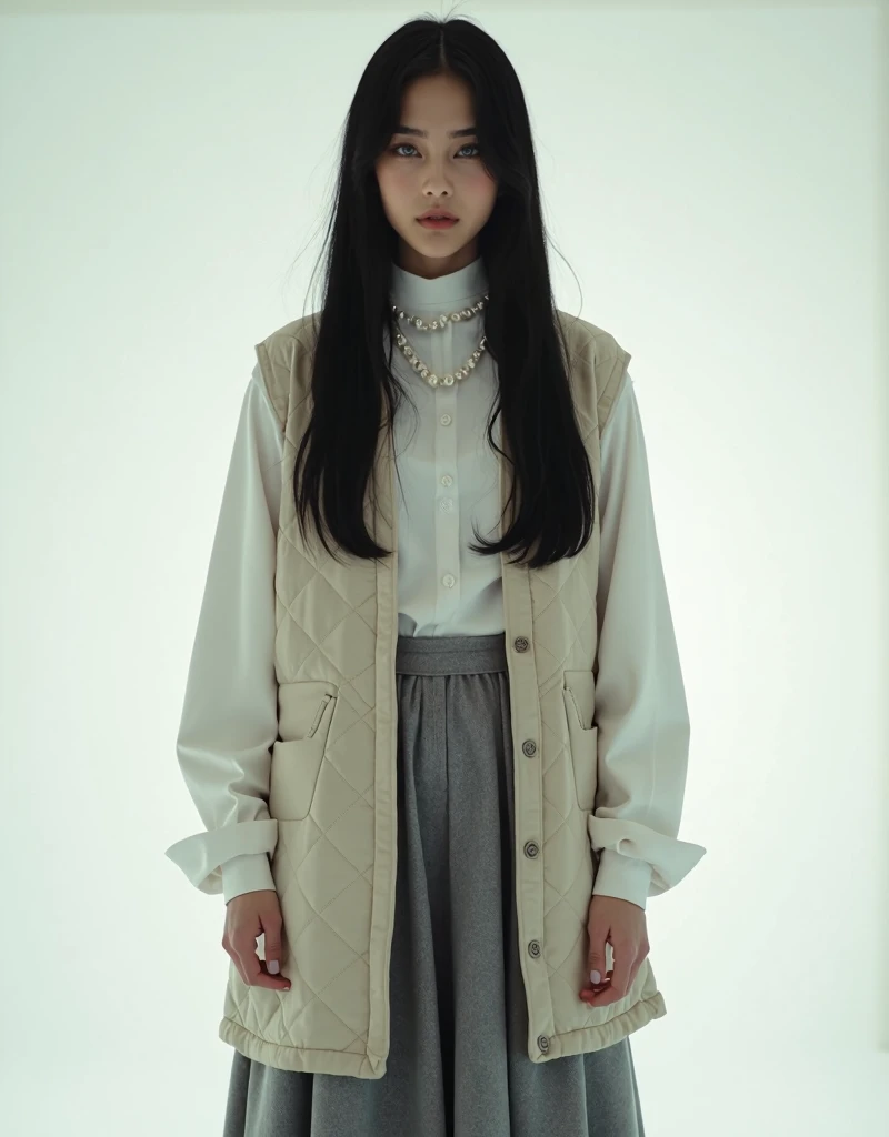 Billie Eilish, cinematic lighting, long black hair, reaching to the chest, super straight hair,　　　　A woman in a pure white photo studio, wearing a white long-sleeved high-neck shirt as an inner layer, paired with a simple pearl necklace. She is dressed in ...