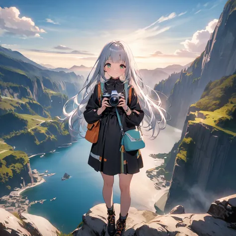  long hair、 bangs are naturally divided 、
Bright and cute clothes、small silver ring 、Holding a camera in hand、Fantastic scenery