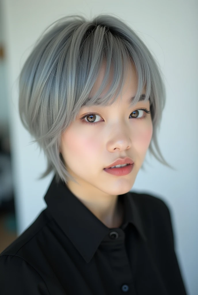 	“A high-quality photo of a Japanese woman with a boyish short haircut in a silver-ash color. The style is sleek and edgy, with slightly longer bangs swept to the side, creating a cool and androgynous look. Her hair is shiny and smooth, with each strand de...