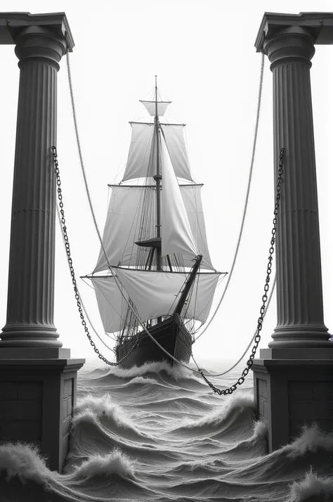 Transparent background image,  black and white soft traces of a ship with white sails amidst capped waves,  tied by two chains tied one on each old column leaving the sea. A column on each side . artistic and professional artistic image 
