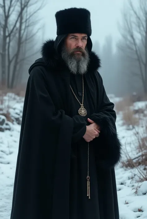 Young bearded priest with black cloak of furry animal skin and wearing Russian hat 