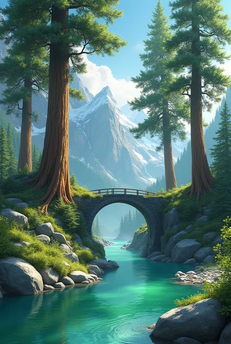 6 big alpine trees and their roots touching water and   green transparent river and rocks and mountain and  a stone bridge and green grass