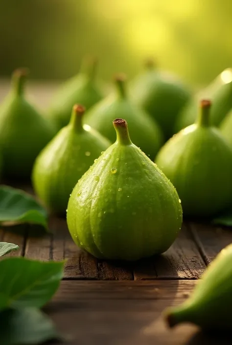 a green fig, with water droplets on its surface, highlighted by the sunlight. The fig is placed on a rustic wooden surface, surrounded by other green figs and leaves in the background, which are slightly blurred to highlight the ripe fig in the foreground....