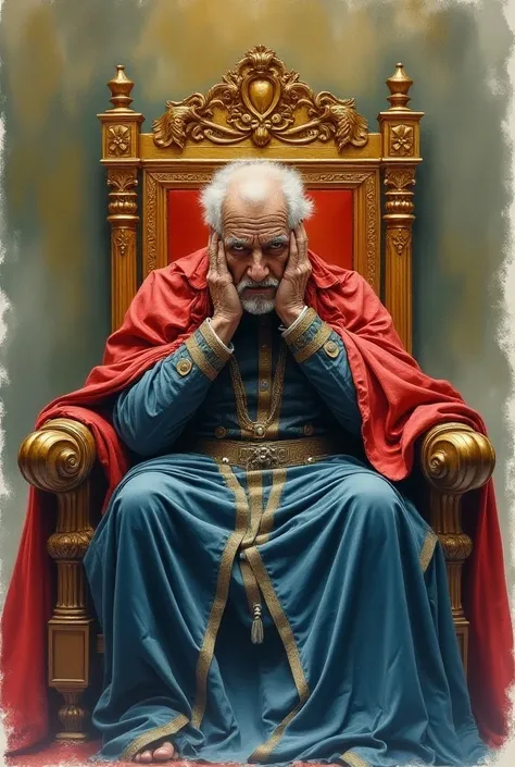 A watercolor painting of an old King,  whose smiling gaze inspires power and fear to his subjects ,  prostrated on his throne about to die with a smile while holding his head, painted by Alexandre Cabanel .