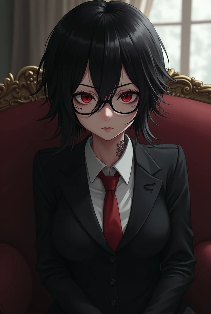  an adult girl with short disheveled black hair ,  glasses wearing a formal suit sitting on a sofa , with some tattoos, her eyes are red and wears 