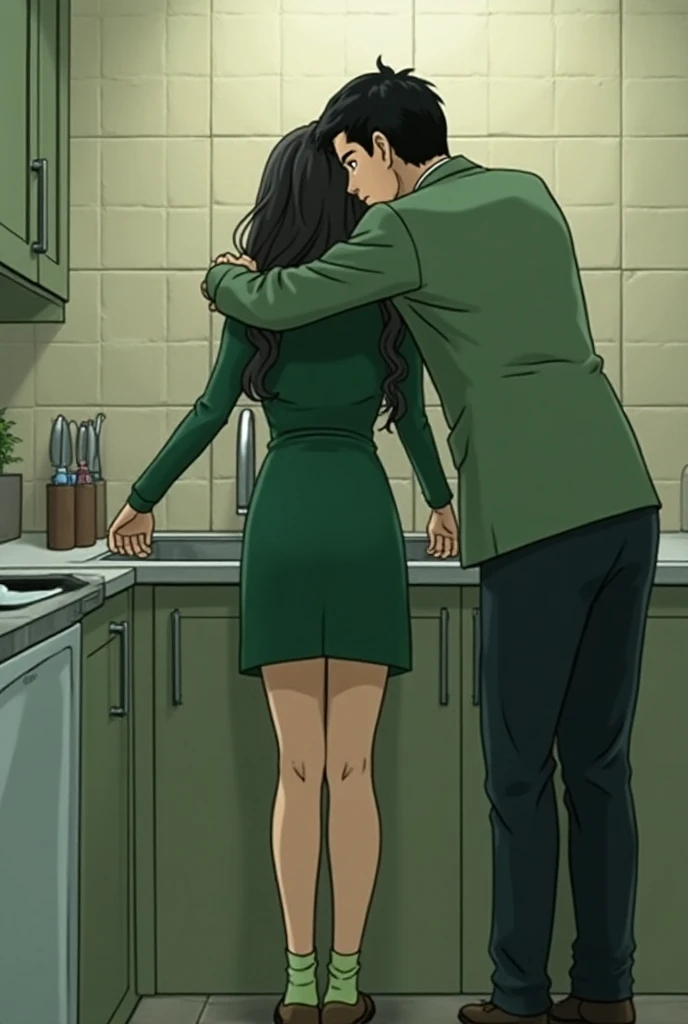 {{{mouri ran}}},{{{Detective Conan}}},{{{long hair}}},{{{official style}}},{{{adult}}},green dress,one-piece dress,turtleneck,green miniskirt, {light green cropped jacket},{light green cropped jacket},green socks,sink,laundry,kitchen,open,back view of lean...