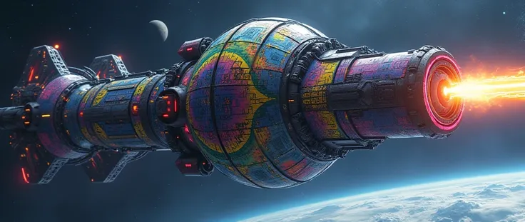 Death star with giant futuristic rifle barrel and futuristic energy blade, covered in rainbow batik pattern and glowing rainbow rune symbols