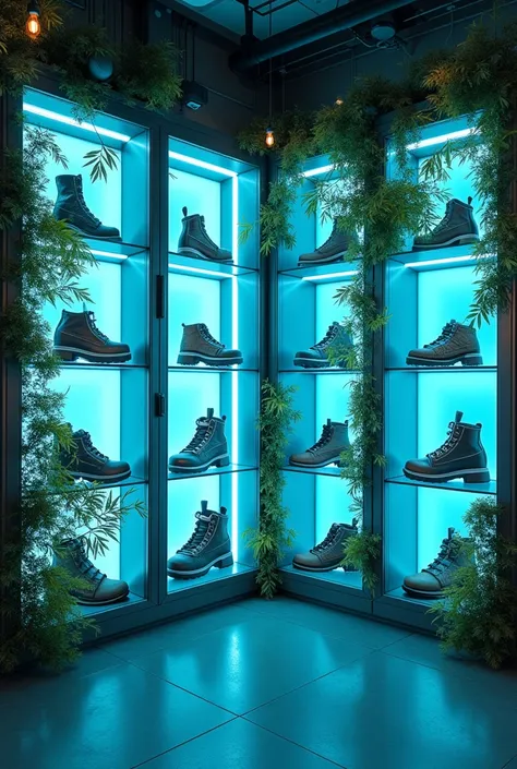  Create an image of a store in the year 2050 that combines magical and futuristic elements,  but maintaining a slightly retro look .  The room must be covered in some parts with vegetation , including leaves and abstract plants ,  but with a design that do...