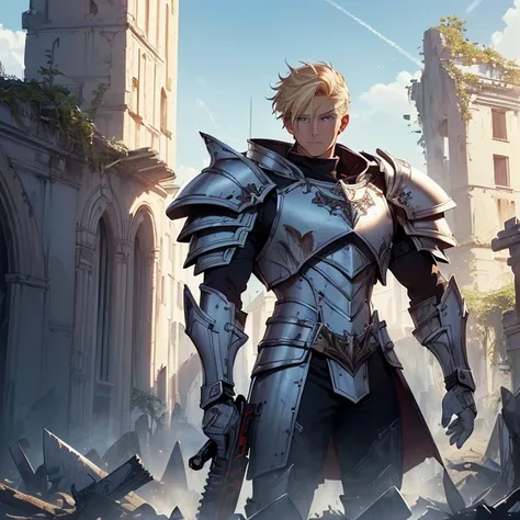 Masterpiece, High Resolution, HD, High Quality, Best Quality, Super Detailed. High fantasy genre, fantasy artwork. “Warhammer 40K aesthetic”.
{{(A male super knight of 160-years-old:(appearance: Blue eyes. Fair skin. Short-blonde-hair. Blonde-eyebrows. Han...