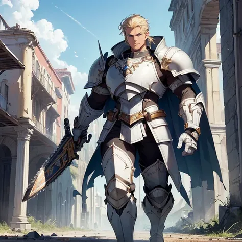 Masterpiece, High Resolution, HD, High Quality, Best Quality, Super Detailed. High fantasy genre, fantasy artwork. “Warhammer 40K aesthetic”.
{{(A male super knight of 160-years-old:(appearance: Blue eyes. Fair skin. Short-blonde-hair. Blonde-eyebrows. Han...