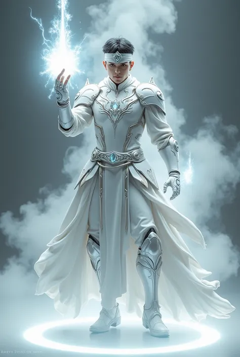 full body photorealistic  handsome hunky warrior young Xandro, wearing a white and silver biomechanical filament metallic spirit armor,, and jewelled headband, holding up a white spirit shining jewel,, standing on a white magic circle,,nether body . fighti...