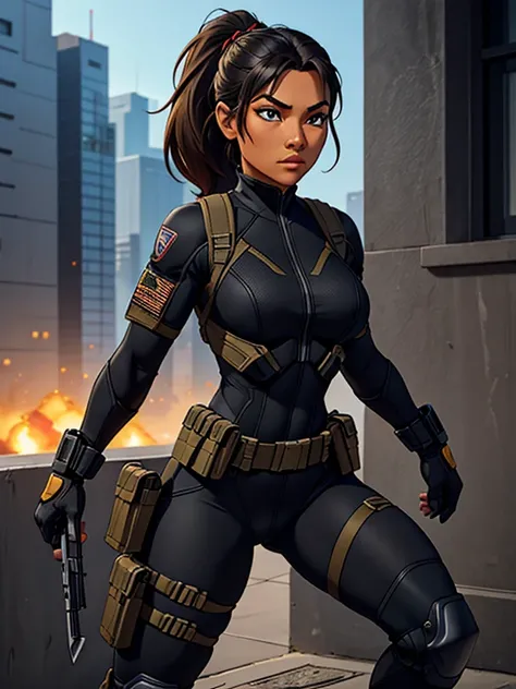 Create a beautiful and fit female warrior, female lead character, shes an Black Ops soldier. Shes Navajo, shes 27-years-old, has tan-bronze skin, amber colored irises and her hair is black and short. She is wearing a tight gray tactical bodysuit that is de...