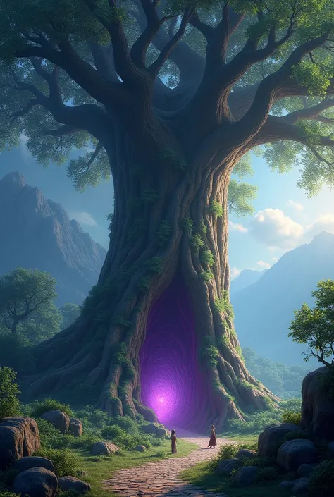 a magical giant tree in the center of an ancient dense forest, a path of rocks leading to it, a natural leak like a cave carved to its body, binaural gaze, magic flowing all around, detailed foliage, purple magic night, lush greenery, sunlight filtering th...