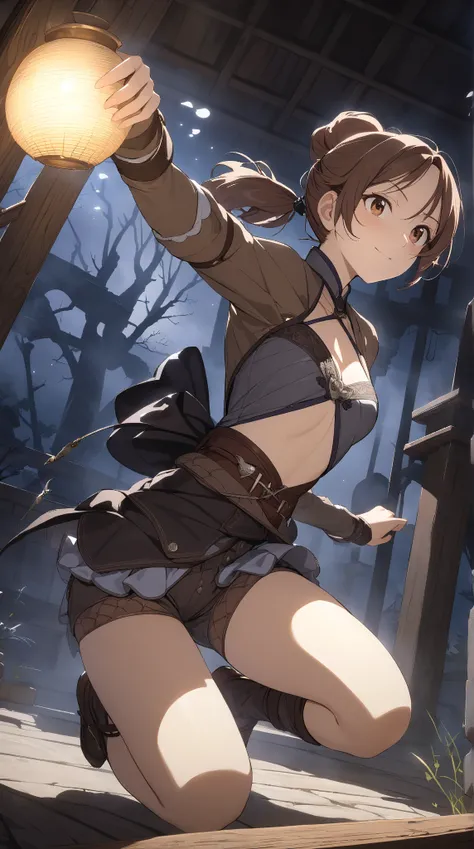 1 girl, ( cute face),  Mischievous Smile ,  Medium Brown Hair ,  Short Ponytail , ファンタジーのThiefの衣装, Thief,  cowboy shots,  small breasts, Agile Stance ,  Pottery Skin , break,  Under the Moonlight, Soft Shadows, ( mystical atmosphere:1.2), sense of urgency,...