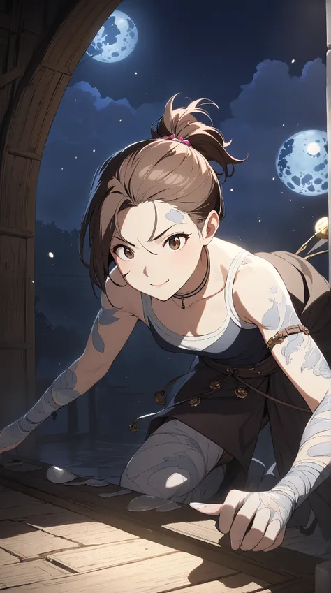 1 girl, ( cute face),  Mischievous Smile ,  Medium Brown Hair ,  Short Ponytail , ファンタジーのThiefの衣装, Thief,  cowboy shots,  small breasts, Agile Stance ,  Pottery Skin , break,  Under the Moonlight, Soft Shadows, ( mystical atmosphere:1.2), sense of urgency,...